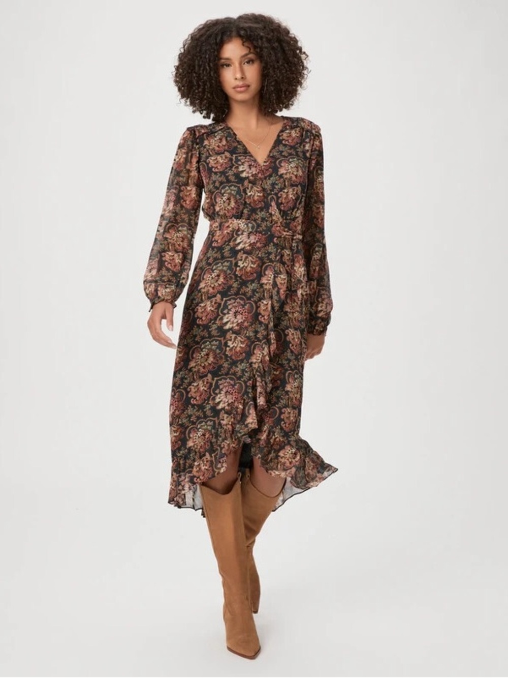 Paige Paulette Paisley Silk Wrap Dress Black with Rose and Olive Accents 0143